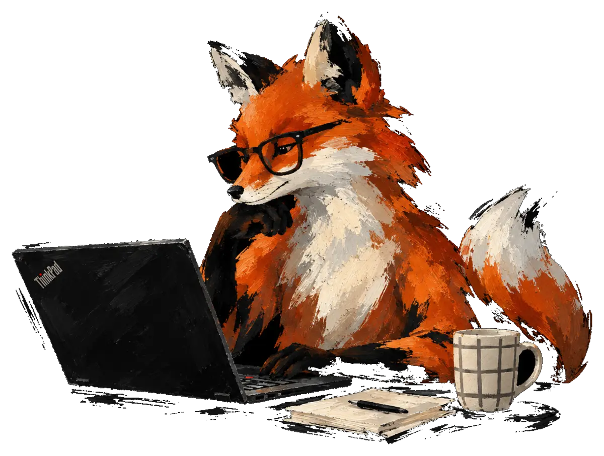 Painted fox at a desk, looking at a ThinkPad